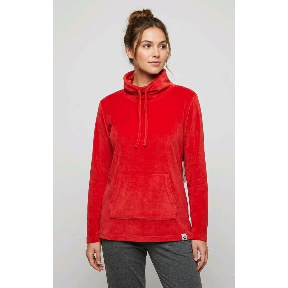 Bearpaw Velour Funnel Neck Hoodie Red Pullover Soft Lounge Top New With Tags